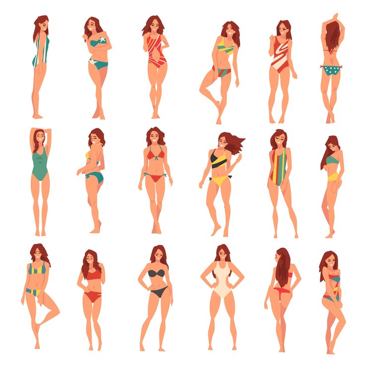 Vector young woman in swimsuit having slim body standing and posing big vector set