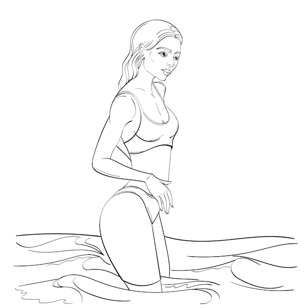 Una giovane donna in costume da bagno in piedi in acqua con i capelli bagnati resto al di fuori delle onde del mare disegno a mano contorno schizzo isolato su sfondo bianco illustrazione vettoriale