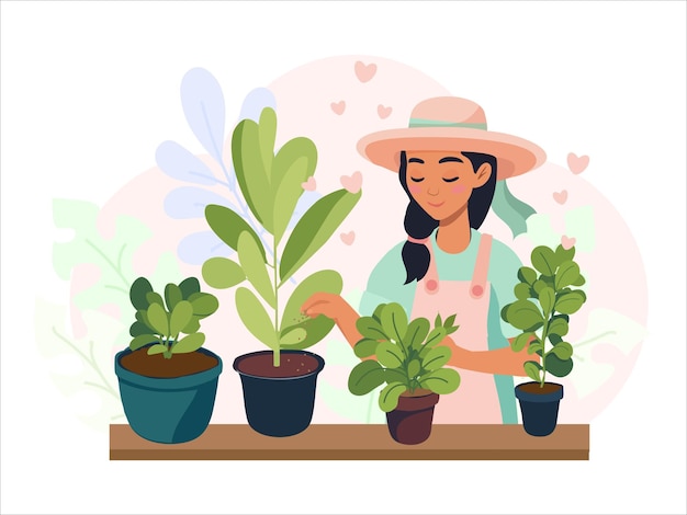 young woman takes care of the flowers planted in different shaped pots hobby is taking care of indoor plants the girl takes care of the home garden vector illustration