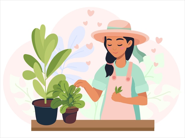 young woman takes care of the flowers planted in different shaped pots hobby is taking care of indoor plants the girl takes care of the home garden vector illustration
