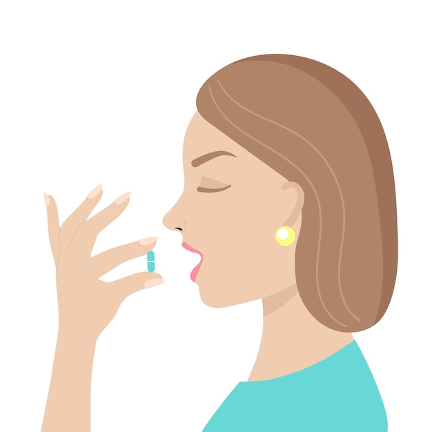 Vector a young woman takes a pill.medicine, vitamins, supplements.antiviral agent, coronavirus, treatment of diseases, analgesic, pregnancy.flat vector illustration on a white background