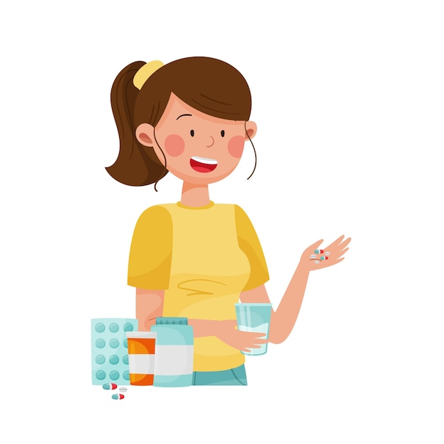 Vector young woman taking medicines for diabetes treatment vector illustration