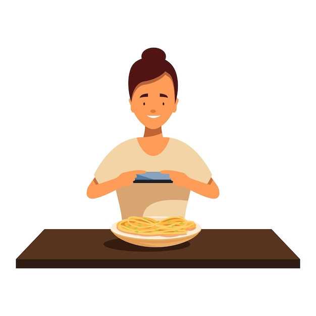 young woman taking a picture of spaghetti with smartphone at the table