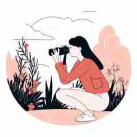 Vector young woman taking pictures of nature in flat style