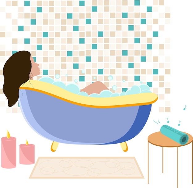 young woman taking a relaxing hot bath in a bathtub with bubbles