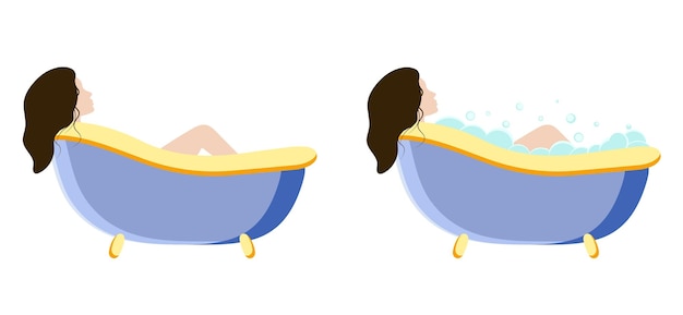 Young woman taking a relaxing hot bath in a bathtub with bubbles