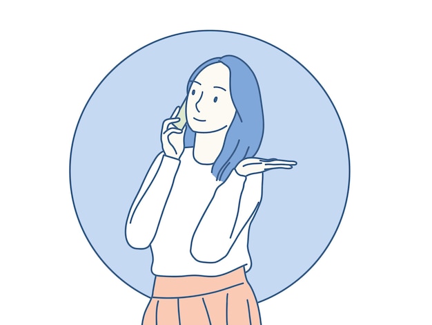 Молодая женщина разговаривает по мобильному телефону в рамке круга простой корейский стиль иллюстрации