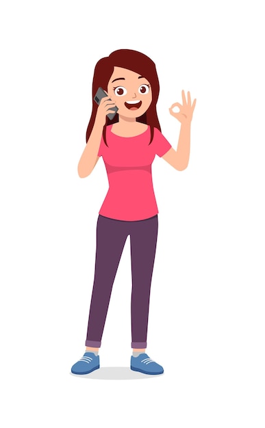 Vector young woman talking using smartphone and show ok gesture