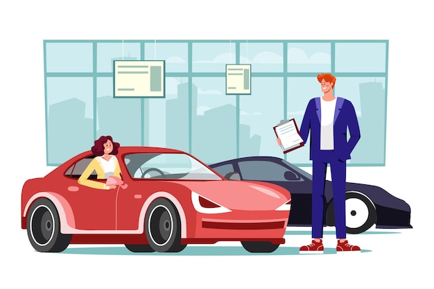 Vector young woman testing a car in a car showroom