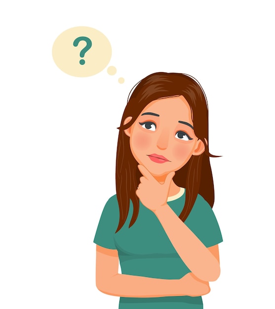 Vector young woman thinking looking up while touching her chin to find solution of problems