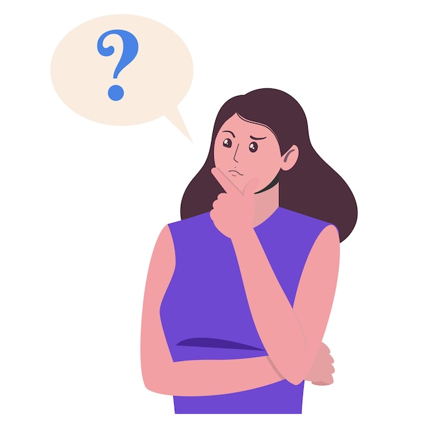 Vector young woman thinking with question mark in speach bubble. girl thinks about problem and doubts.