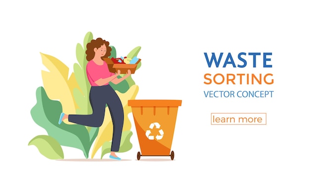 Vector young woman throwing plastic garbage into containers vector illustration waste managemen