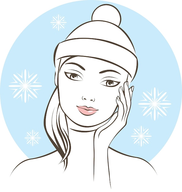 Vector young woman touching her face in winter season