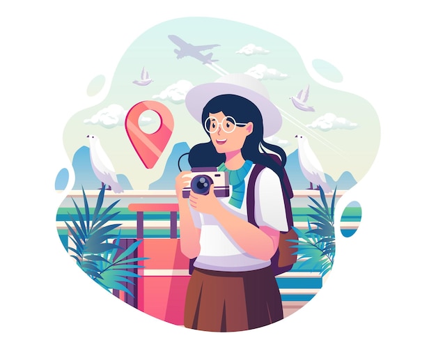 young woman tourist holding the camera to take photos during the tour on summer vacation or holiday