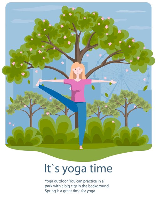 Young woman training yoga outdoor in city park spring. Open air yoga practic. Flat cartoon style