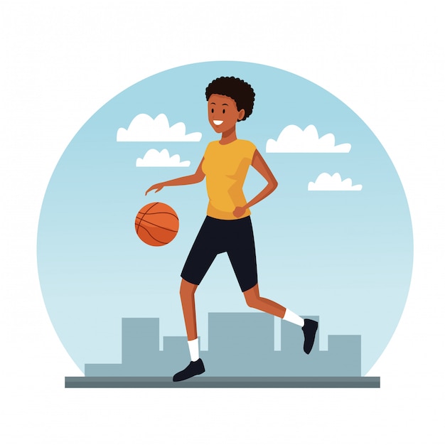 young woman trainning basketball at city 