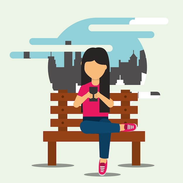 young woman typing smartphone in bench park