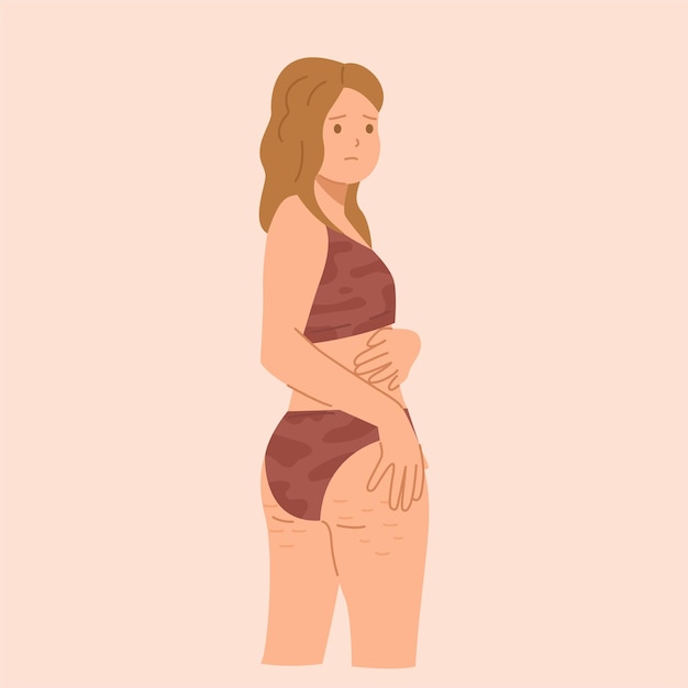 young woman in underwear is upset because of cellulite on her buttocks