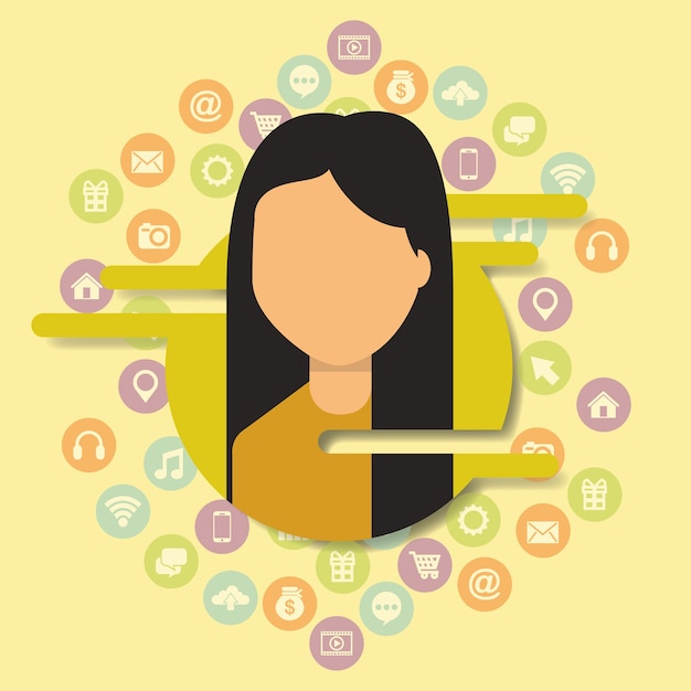 young woman user social media communication icons