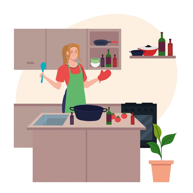 Vector young woman using apron cooking with utensils and vegetables