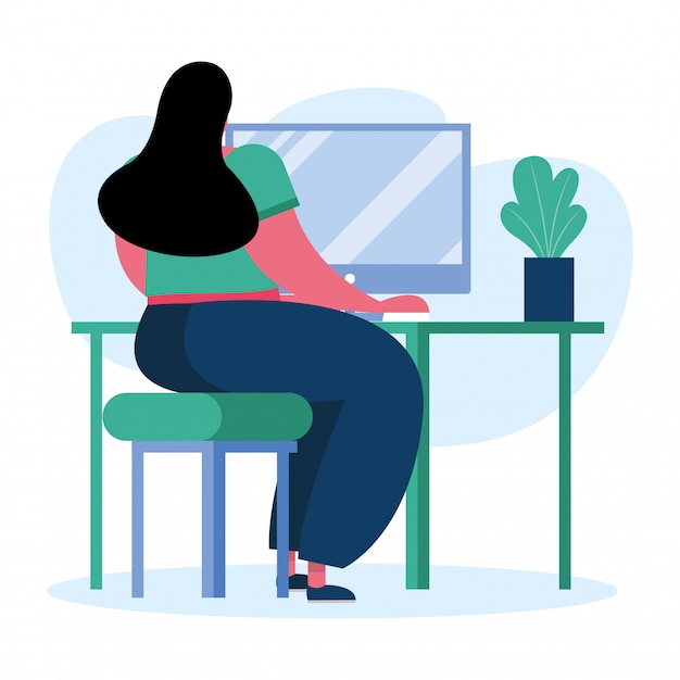 Vector young woman using desktop computer in the house