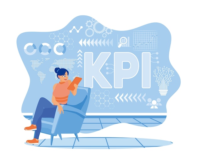 디지털 태블릿을 사용하는 젊은 여성 KPI 배경으로 의자에 앉아