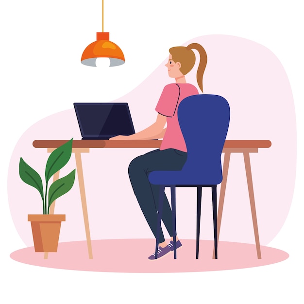 Vector young woman using laptop in desk, working online illustration