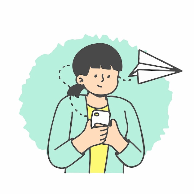 Young woman using mobile phone app for chatting online and texting messages. outline doodle vector.