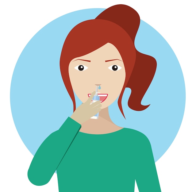 Vector young woman using nose drops, girl with a nasal spray in hands. the concept of treatment for allergies or the common cold.