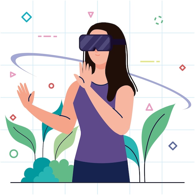 Young woman using reality virtual mask and leafs