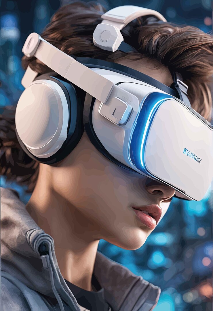 Vector young woman using vr goggles in the city 3 d illustrationyoung woman using vr goggles in the city