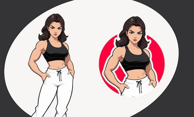 Vector young woman in vector premium mascot fitness logo design strong woman cartoon gym