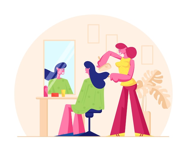 Young Woman Visiting Beauty Salon. Master doing Haircut for Girl in Barbershop Drying Hair with Fan in front of Mirror. Cartoon Flat Illustration