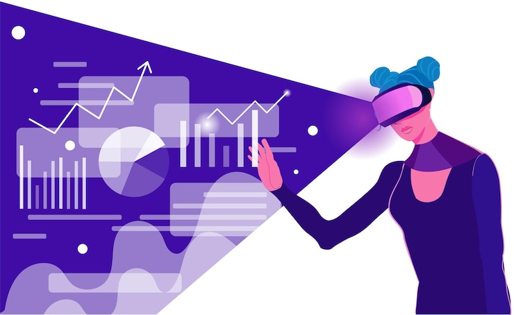 Vector young woman in vr headset exploring digital interface and working with infographic