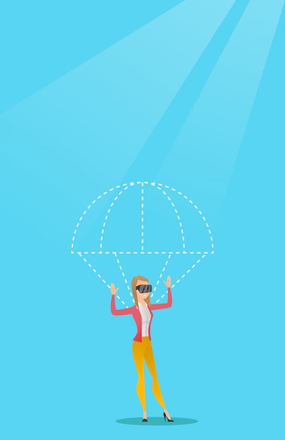 Young woman in vr headset flying with parachute