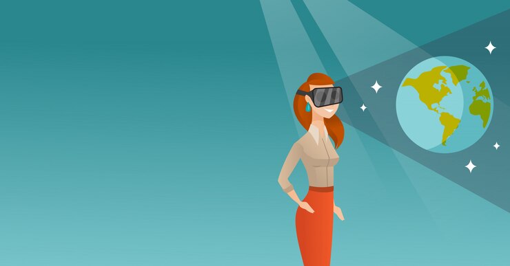 Vector young woman in vr headset getting in open space
