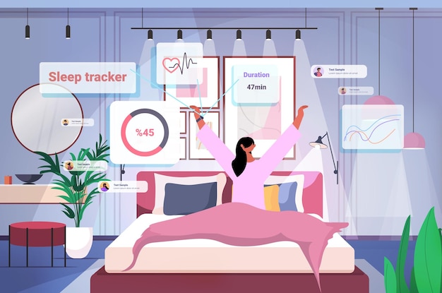 Young woman wake up from sleep with electronic smart watch app tracker on hand quality and quantity sleep control concept bedroom interior horizontal vector illustration