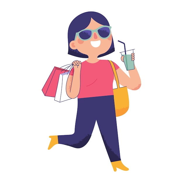 Vector young woman walked happily carrying a shopping bag and holding a cold drink