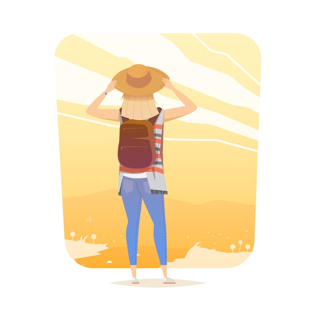Young woman walking alone on a mountain trail. Girl looks at a sunset. Adventure travel. Summer vacation. Around the world. Cartoon style.  illustration.