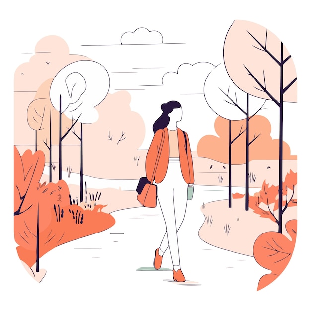 Vector young woman walking in the autumn park in flat style