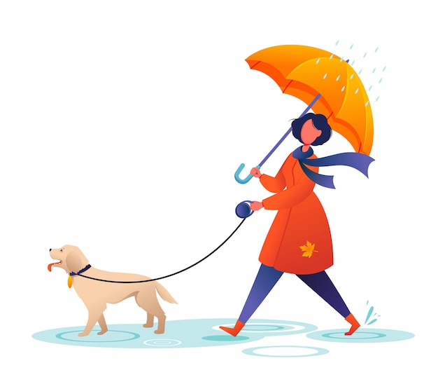 Giovane donna che porta a spasso il cane sotto l'ombrello autunno piovoso simpatico personaggio dei cartoni animati