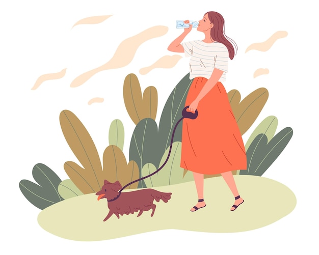 Young woman walking her dog and drinking water.