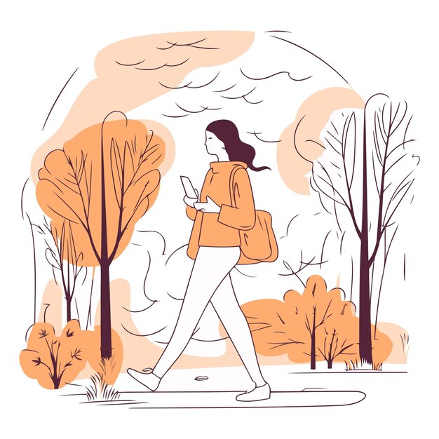 ベクトル スマートフォンを使って秋の公園を歩く若い女性