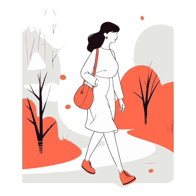 Вектор Молодая женщина гуляет в осеннем парке в плоском стиле