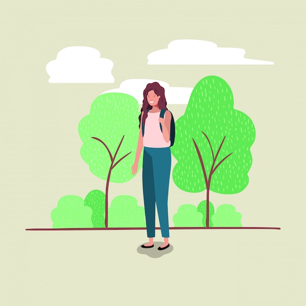 Vector young woman walking on the park character