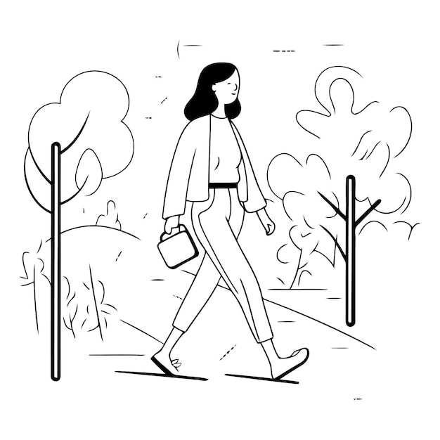 Vettore giovane donna che cammina nel parco in stile lineare