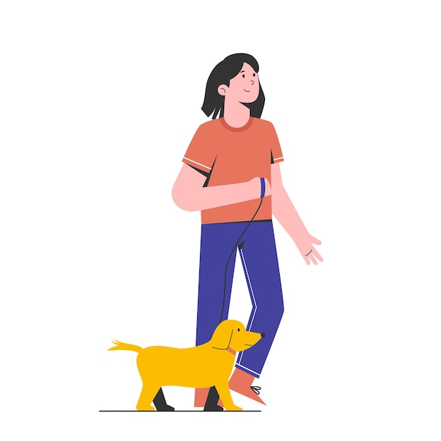 Vector young woman walking together with her dog on park