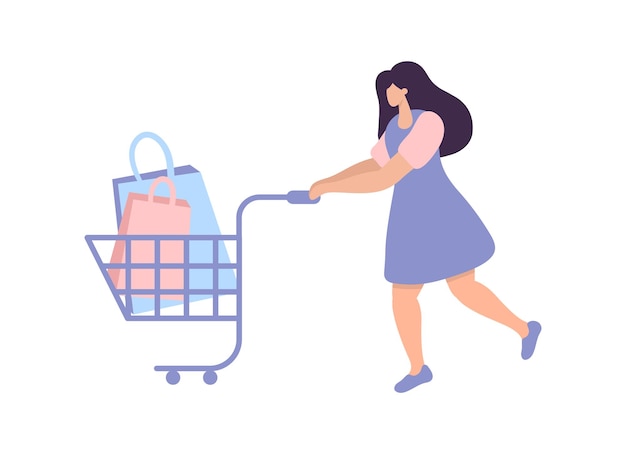 young woman walking with colorful bags shopping in cart creative marketing shopping concept of customer earning