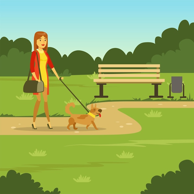 Vector young woman walking with her dog in the park flat vector illustration design element for poster banner