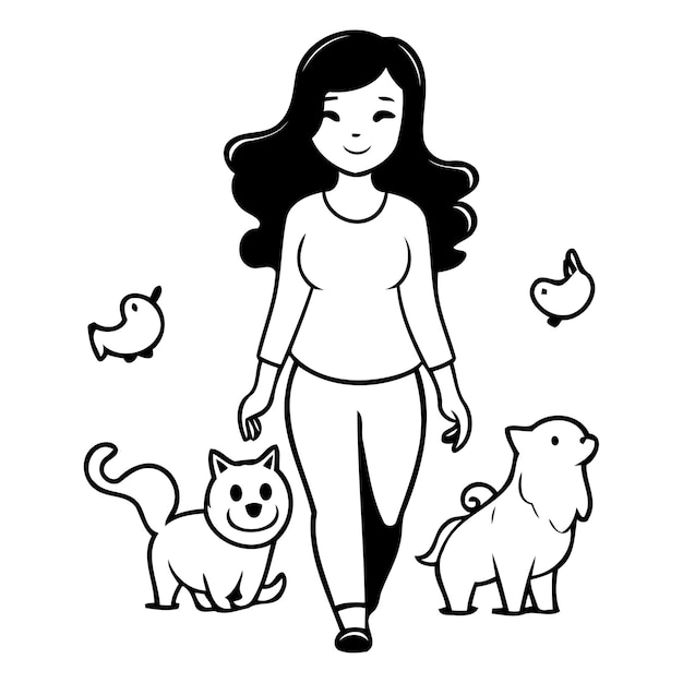 Young woman walking with her dogs Vector illustration in cartoon style